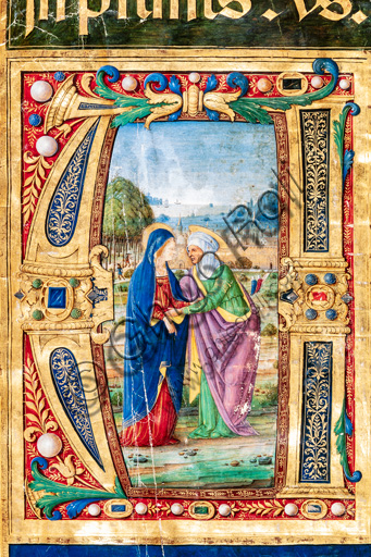 Piccolomini Library: choir book,  cod.  14.P., ff. 2r with “the Visitation of Mary and St. Elizabeth, by Giovanni di Giuliano Boccardi, known as Boccardino the Elder. Detail.