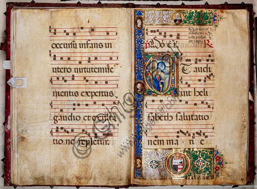 Libreria Piccolomini: corale cod. 14.P., cc. 45v-46r con “Maria e S. Elisabetta”, di Giovanni di Giuliano Boccardi, detto Boccardino il Vecchio. 