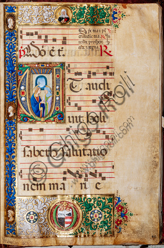 Libreria Piccolomini: corale cod. 14.P., cc. 46r con “Maria e S. Elisabetta”, di Giovanni di Giuliano Boccardi, detto Boccardino il Vecchio. 
