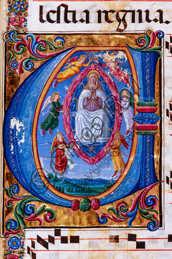 Libreria Piccolomini: corale cod. 15.Q., cc. 64r con “Assunzione della Vergine”, di Guidoccio Cozzarelli e Bernardino Cignoni. Particolare.