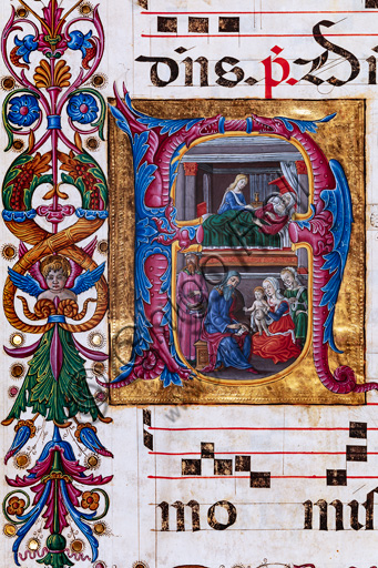 Piccolomini Library: choir book,  cod. 15.q., ff. 6v  with “Nativity of St. John the Baptist”, by Guidoccio Cozzarelli. Detail.