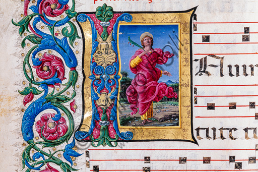 Piccolomini Library: choir book,  cod. 16.1, ff. 23v  with “Martyr Saint”, by  Liberale da Verona  (about 1445  - 1527/9). Detail.