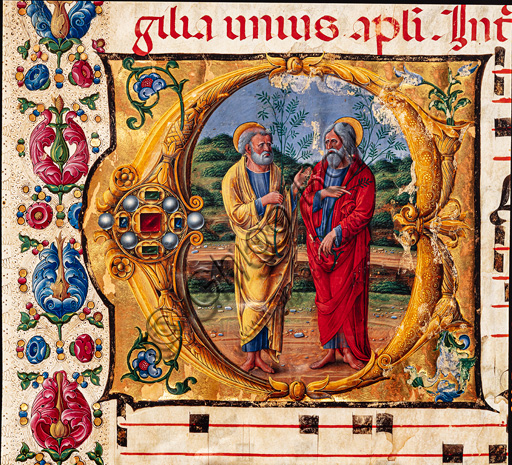 Piccolomini Library: choir book,  cod. 16.1, ff. 2r with “Two Apostles”, by  Girolamo da Cremona. Detail.