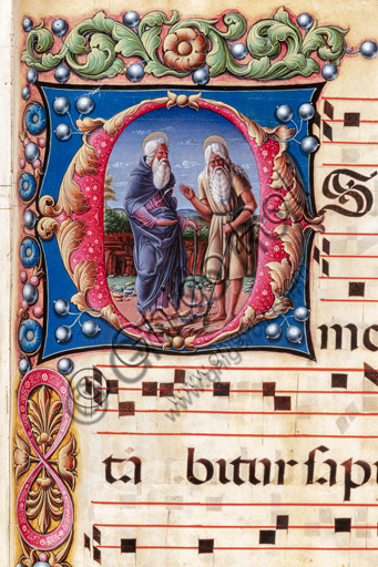 Libreria Piccolomini: corale cod. 17.2, cc. 31r con “Due santi eremiti”, di Liberale da Verona  (1445 ca - 1527/9). Particolare.