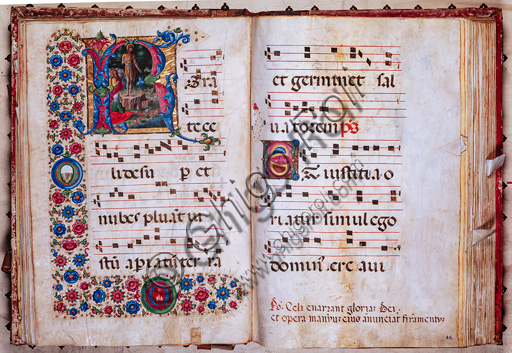 Libreria Piccolomini: corale cod. 18.3, cc. 45v-46r con “Predica di S. Giovanni Battista”, di  Girolamo da Cremona. 