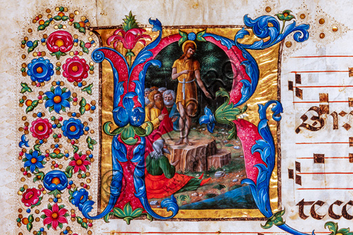 Libreria Piccolomini: corale cod. 18.3, cc. 45v con “Predica di S. Giovanni Battista”, di  Girolamo da Cremona. Particolare.