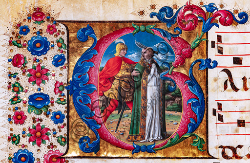 Libreria Piccolomini: corale cod. 18.3, cc. 97v con “Martirio di S. Tommaso di Canterbury”, di  Girolamo da Cremona. Particolare.