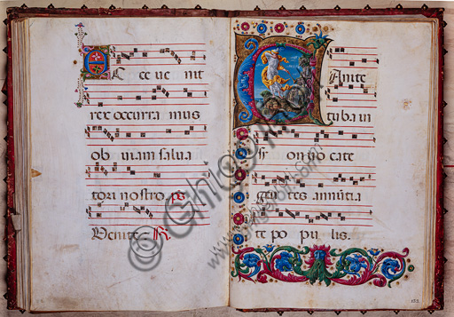 Libreria Piccolomini: corale cod. 1.A, cc.132v-133r con “Visione di Gioele”, di Liberale da Verona  (1445 ca - 1527/9). 