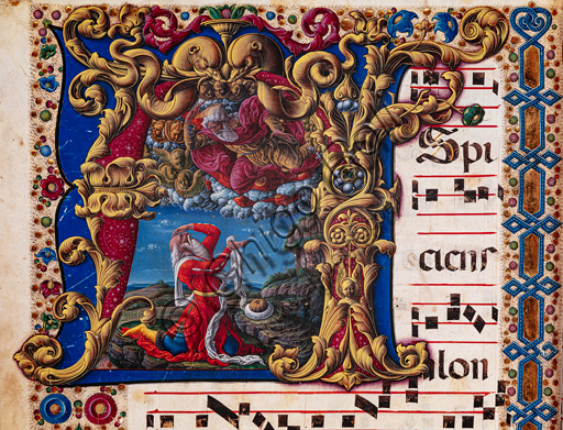 Piccolomini Library: choir book,  cod. 1.A, ff.4v with “Vision of Isaiah”, by  Liberale da Verona  (about 1445  - 1527/9).  Detail.