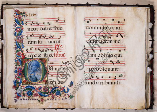 Piccolomini Library: choir book,  cod. 20.5, ff. 36v-37r with “Aeolus”, by  Liberale da Verona  (about 1445  - 1527/9).