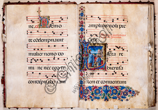 Libreria Piccolomini: corale cod. 21.1, cc. 38v-39r con “La moltiplicazione dei pani e dei pesci”, di Liberale da Verona  (1445 ca - 1527/9). 