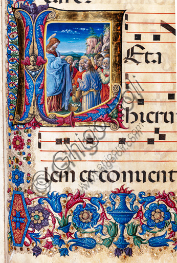 Libreria Piccolomini: corale cod. 21.1, cc. 39r con “La moltiplicazione dei pani e dei pesci”, di Liberale da Verona  (1445 ca - 1527/9). Particolare.
