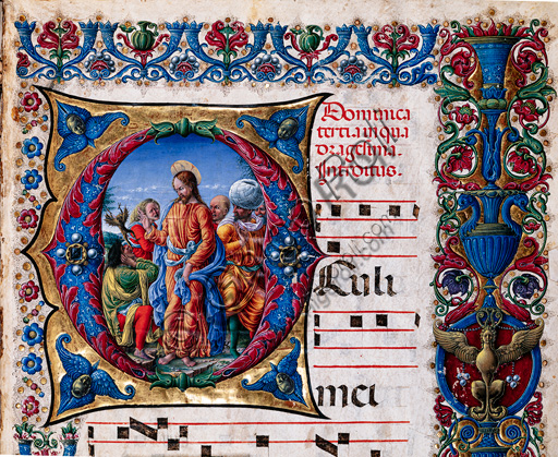 Libreria Piccolomini: corale cod. 21.6, cc. 2r con “La guarigione dell’indemoniato”, di Liberale da Verona  (1445 ca - 1527/9). Particolare.
