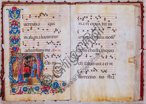 Piccolomini Library: choir book,  cod. 22.7, ff. 22v-23r with “Christ before Pilate”, by  Liberale da Verona  (about 1445  - 1527/9).