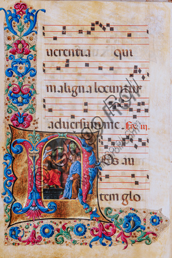 Libreria Piccolomini: corale cod. 22.7, cc. 22v con “Cristo davanti a Pilato”, di Liberale da Verona  (1445 ca - 1527/9). 