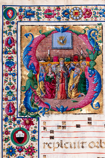 Piccolomini Library: choir book,  cod. 23.8, ff. 100v with “The Pentecost”, by  Girolamo da Cremona. Detail.