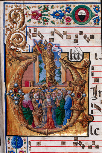 Piccolomini Library: choir book,  cod. 23.8, ff. 66r with “The Ascension of Christ”, by  Girolamo da Cremona. Detail.