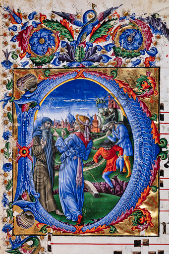 Libreria Piccolomini: corale cod. 24.9, cc. 1r con la “Parabola della trave e della pagliuzza e della caduta dei due ciechi”, di  Liberale da Verona  (1445 ca - 1527/9). Particolare.