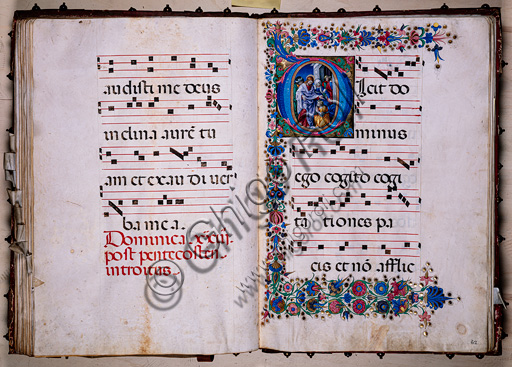 Piccolomini Library: choir book,  cod. 25.10, ff. 61v-62r with the “Healing of the woman afflicted with an issue of blood”, by Francesco Rosselli and Liberale da Verona  (about 1445  - 1527/9).