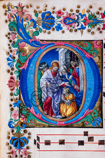 Libreria Piccolomini: corale cod. 25.10, cc. 62r con la “Guarigione della emorroissa”, di Francesco Rosselli e Liberale da Verona  (1445 ca - 1527/9). Particolare.