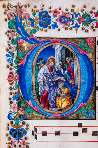 Piccolomini Library: choir book,  cod. 25.10, ff. 62r with the “Healing of the woman afflicted with an issue of blood”, by Francesco Rosselli and Liberale da Verona  (about 1445  - 1527/9). Detail.