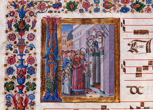 Piccolomini Library: choir book,  cod. 26.R., ff. 80v with “Consecration of a Church”, by Guidoccio Cozzarelli. Detail.