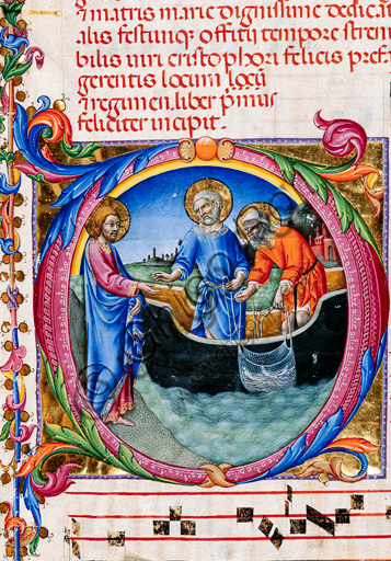 Libreria Piccolomini: corale cod. 27.11, cc. 1r con “Chiamata dei Santi Pietro e Andrea”, di Sano di Pietro. Particolare.