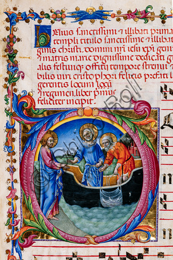 Libreria Piccolomini: corale cod. 27.11, cc. 1r con “Chiamata dei Santi Pietro e Andrea”, di Sano di Pietro. Particolare.