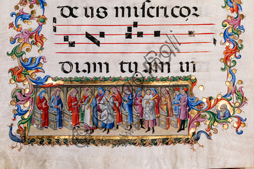 Piccolomini Library: choir book,  cod. 27.11, ff. 34v with “Purification of the Virgin”, by  Sano di Pietro. Detail.