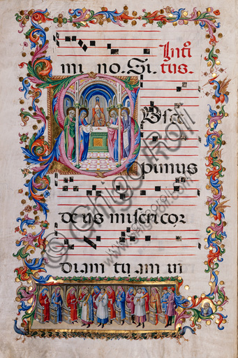 Piccolomini Library: choir book,  cod. 27.11, ff. 34v with “Purification of the Virgin”, by  Sano di Pietro.