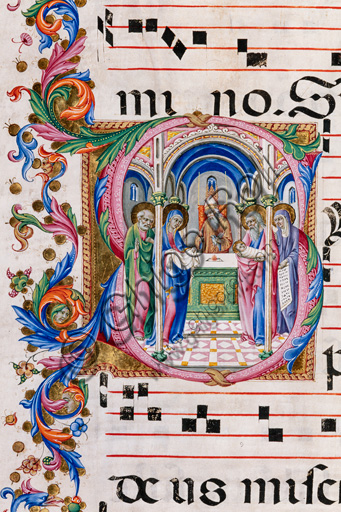 Piccolomini Library: choir book,  cod. 27.11, ff. 34v with “Purification of the Virgin”, by  Sano di Pietro. Detail.