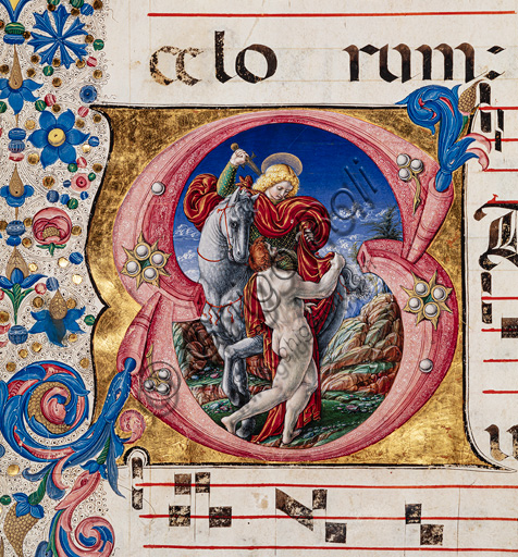 Libreria Piccolomini: corale cod. 28.12, cc. 101r con “S. Martino dona il suo mantello al povero”, di Liberale da Verona  (1445 ca - 1527/9). Particolare.