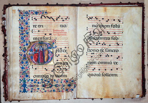 Libreria Piccolomini: corale cod. 28.12, cc. 94v-95r con  “La Vergine e tutti i Santi”, di Francesco Rosselli e Liberale da Verona  (1445 ca - 1527/9).