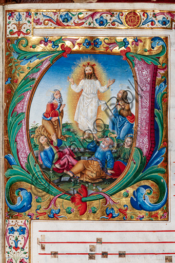 Piccolomini Library: choir book,  cod.  29.13, ff. 30r with “Transfiguration”, by  Florentine illuminator. Detail.