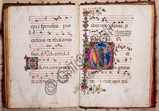 Piccolomini Library: choir book, cod. 2.B, ff. 104v-105r with “Preaching of St. John the Baptist”, by Pellegrino di Mariano.