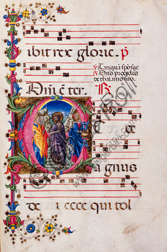 Piccolomini Library: choir book, cod. 2.B, ff. 105r with “Preaching of St. John the Baptist”, by Pellegrino di Mariano.