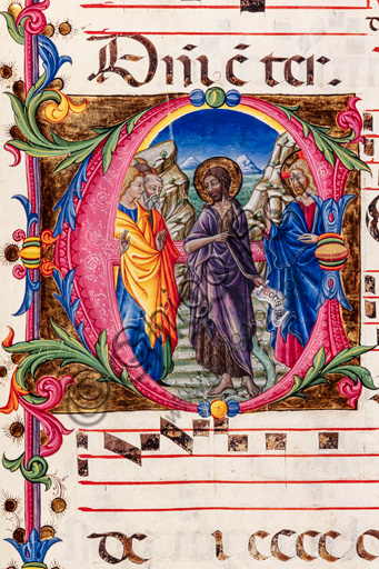 Piccolomini Library: choir book, cod. 2.B, ff. 105r with “Preaching of St. John the Baptist”, by Pellegrino di Mariano. Detail.