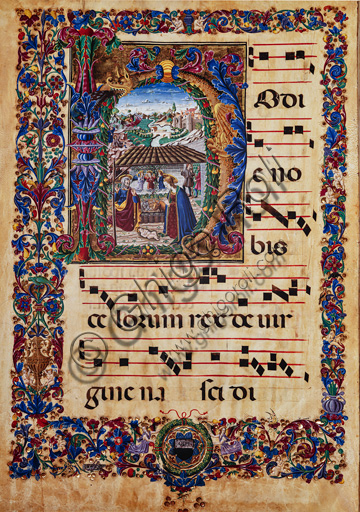 Piccolomini Library: choir book, cod. 2.B, ff. 5v with “Nativity”, by Florentine illuminator.