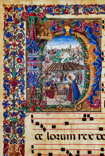 Piccolomini Library: choir book, cod. 2.B, ff. 5v with “Nativity”, by Florentine illuminator. Detail.