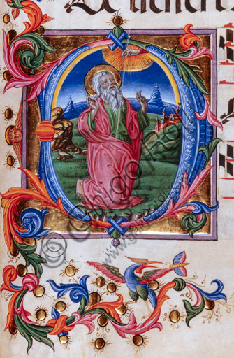 Piccolomini Library: choir book,  cod. 4.D, cc. 51v  with “Vision of Isaiah”, by  Pellegrino di Mariano. Detail.