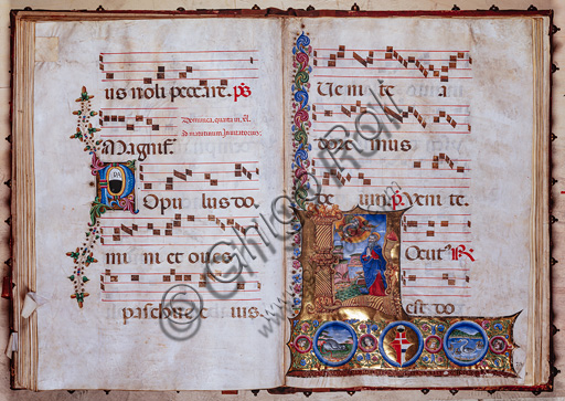 Libreria Piccolomini: corale cod. 6.F, cc. 78v-79r con “Dio appare a Mosè”, di Bernardino Cignoni.