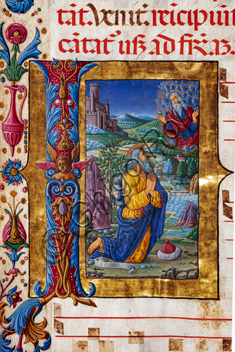 Piccolomini Library: choir book,  cod. 7.G, ff. 40v  with “Vision of Jeremias”, by Guidoccio Cozzarelli. Detail.