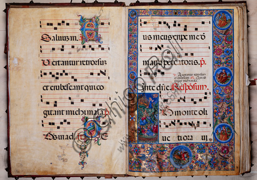 Libreria Piccolomini: corale cod. 8-H, cc. 1v-2r con “Cristo nell’Orto degli Ulivi”, di Bernardino Cignoni. 