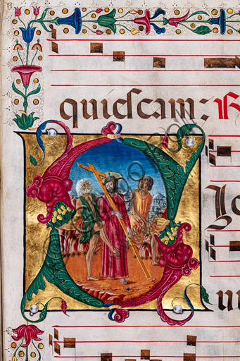 Libreria Piccolomini: corale cod. 8-H, cc.49r con “Andata di Cristo al Calvario”, di Giovanni di Taldo. Particolare.