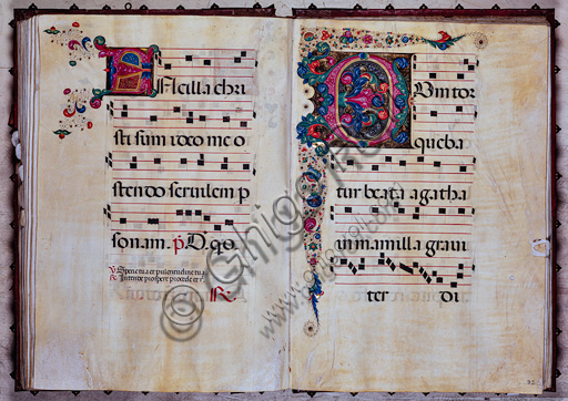 Piccolomini Library: choir book, cod.12.N, ff. 92v-93r with “Foliated initial”, by Venturino Mercati.