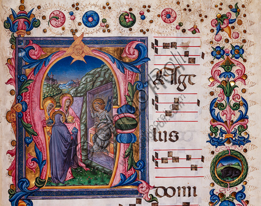 Piccolomini Library: choir book, cod.9.1, ff. 3r  with “The three Maries at the Tomb”, by Pellegrino di Mariano. Detail.