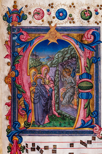 Piccolomini Library: choir book, cod.9.1, ff. 3r  with “The three Maries at the Tomb”, by Pellegrino di Mariano. Detail.