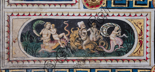 The Piccolomini Library, the ceiling:  smaller panel with scene of maritime thiasus (tritons, putto and a nereid), fresco by Bernardino di Betto, known as Pinturicchio.