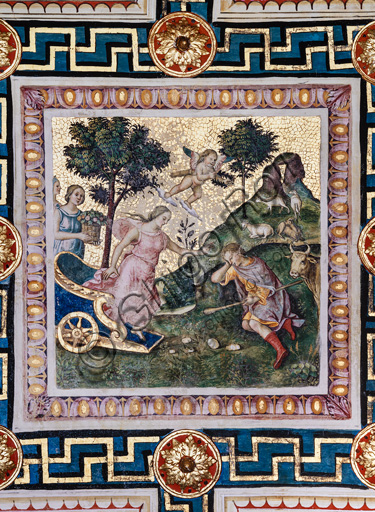 The Piccolomini Library, the ceiling: “The Rape of Proserpina”, fresco by Bernardino di Betto, known as Pinturicchio. In the panel Diana, in love with the shepherd Endymion who had been given the eternal sleep that would have spared him from old age and death, descends from her chariot accompanied by the Hours, goddesses of the seasons, one of whom carries a basket of flowers. A cupid precedes Diana to place a crown on the sleeping shepherd.