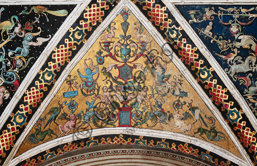 The Piccolomini Library, the vault, north-east wall: the segment over the second story, frescoes attributed to Girolamo del Pacchia, Giacomo Pacchiarotto and Littifredi Corbizi. The decoration is inspired by the Domus Aurea and the motif of the ancient grotesques. The general scheme of the vault is probably due to Bernardino di Betto, known as Pinturicchio.